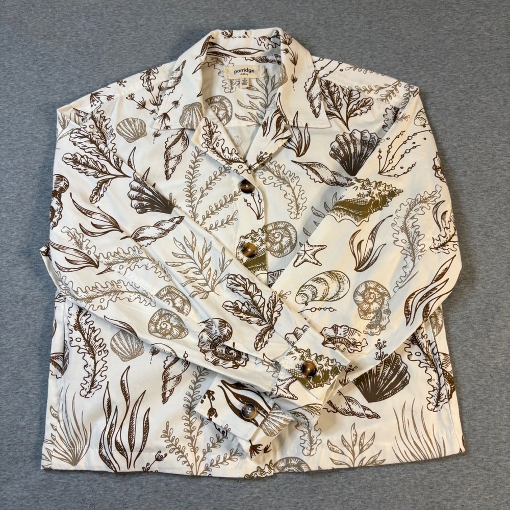 Porridge Anthropologie Seashell Print Cotton Shirt Jacket Cream Brown Small